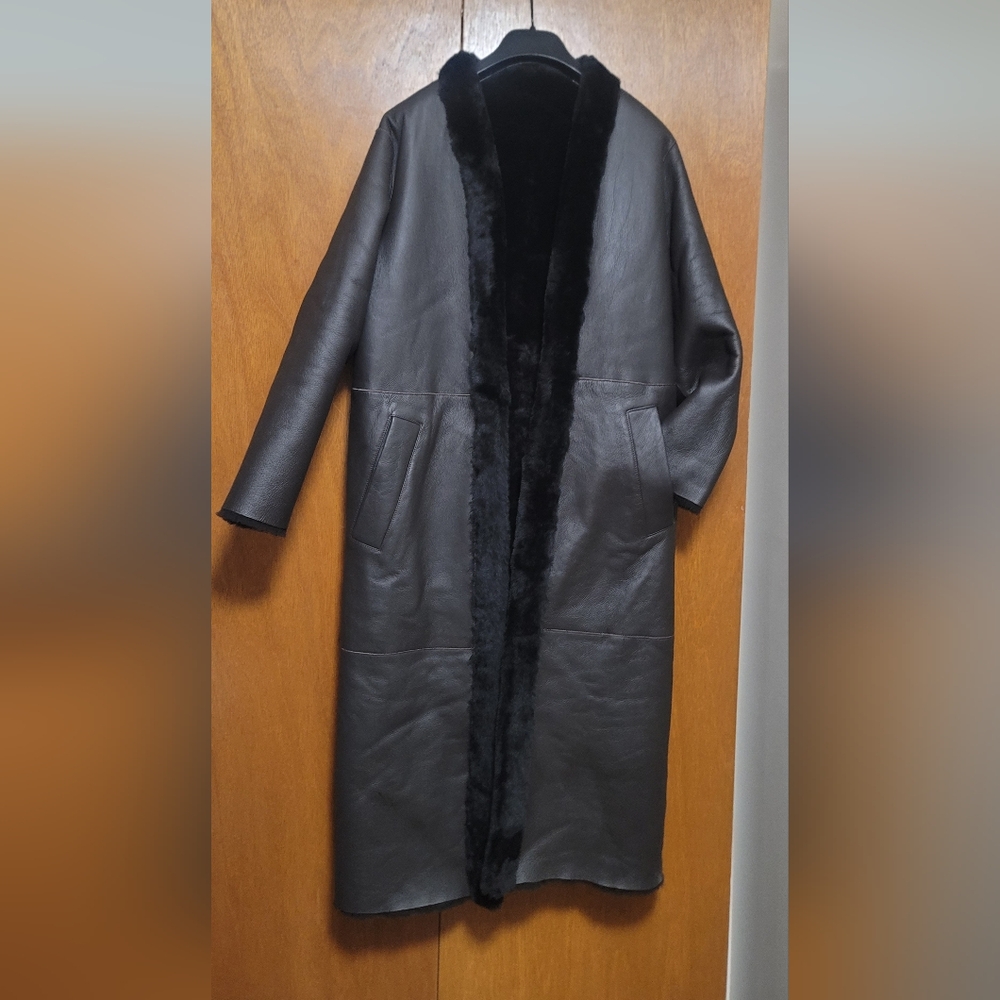 Reiss Women's Brown Leather Coat with Fur Trim Size XS